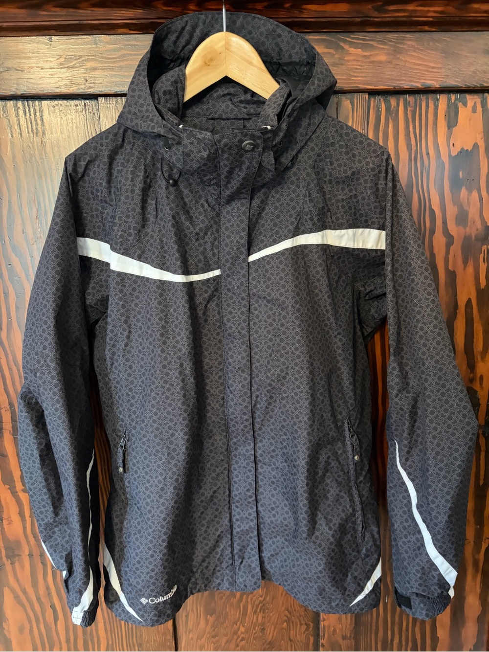 Women’s Columbia Black Hooded Rain Jacket with Reflective Accents